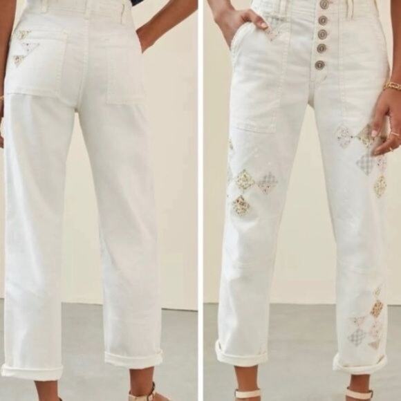 Anthropologie Pilcro The Wanderer Pants Cream Floral Patchwork Boho Size 29 - Picture 1 of 7